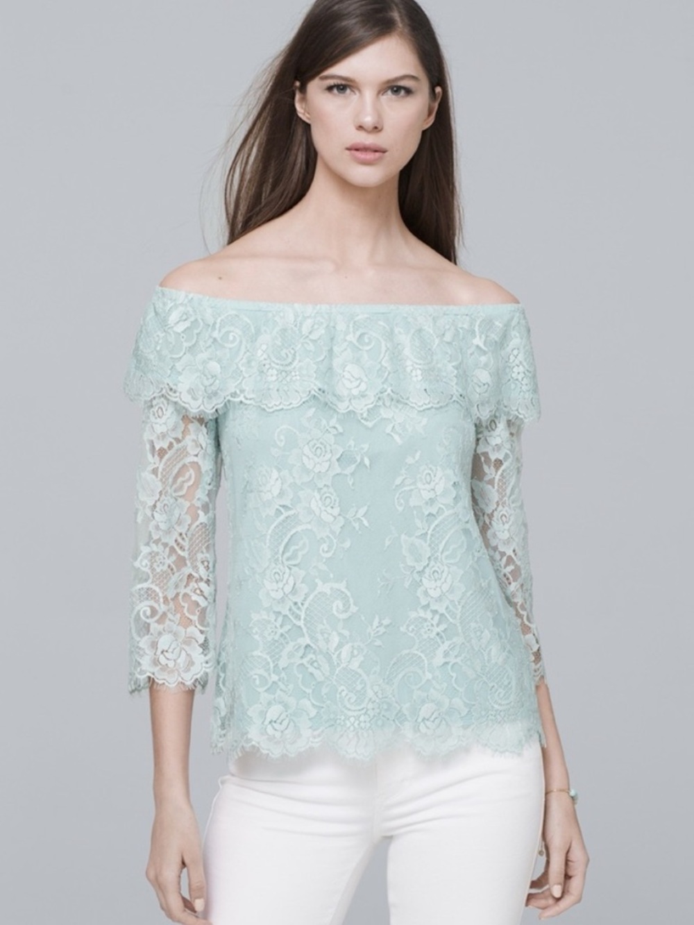 White House Black Market mint off the shoulder lace blouse size Large